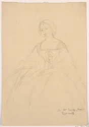 Piirros, Rouva Sheppard Gandy istumassa; Kääntöpuoli: viivapiirros, 1859.