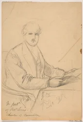 Piirros, Robert Lenox istuu pöydän ääressä kauppakamarin muotokuvaa varten, 1865