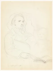 Piirustus, luonnoksia "Lesson of Charity" -teokseen ja Peter Richardsin muotokuva, 1849.