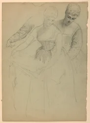 Piirros, nainen seisoo, erillinen, 1860