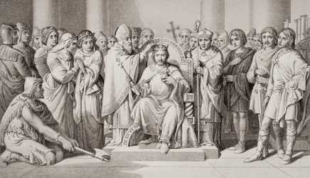 Anglosaksien kuninkaan Harald II:n (n. 1022-66) kruunajaiset vuonna 1066 jKr., teoksesta "Englannin ja Skotlannin historian kuvituksia", osa I
