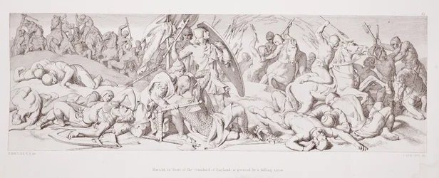 Englannin standardin edessä oleva Harold on lävistetty putoavalla nuolella, "The Story of the Norman Conquest", kaiverrettu L. Gruner, 1866