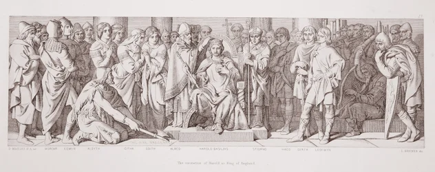 Haroldin kruunaus Englannin kuninkaaksi kirjasta "The Story of the Norman Conquest", kaiverrus L. Gruner, 1866