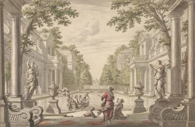 Näkymä palatsipuutarhaan, jossa on klassisen arkkitehtuurin ympäröimä keskuslampi..., noin 1700-1720.