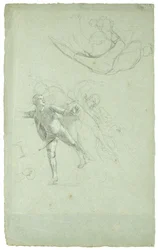 Study for The Siege of Gibraltarin (Tutkimus pitkäveneen tykkihahmolle), 1785-1786 (mustavalkoinen liitu harmaansinisellä paperilla)