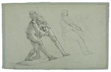 Study for The Siege of Gibraltarin (Study of Figuures Pulling on a Rope), 1785-1786 (mustavalkoinen liitu harmaansinisellä paperilla)
