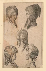 Viisi berliiniläisten naisten päähinettä, kuvitus "Königl: Grosbrit [anian] genealogical Calendar for the 1782 Lauenberg by J.G. Berenberg"