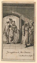 Iäkäs pariskunta ylpeästi lopettamassa vierailun, kuvitus Fredrich Wilhelm Grossmanin näytelmästä "Ei muuta kuin sachs Schuesseln" teoksessa "Königl: Grosbrit [nische] genealogical calendar on the 1782 Lauenberg by J.G. Berenberg"