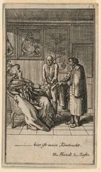 Vanhempi nainen palkkaa miehen, kuvitus Fredrich Wilhelm Grossmanin näytelmästä "Not more than sachs Schuesseln" teoksessa "Königl: Grosbrit [anian] Genealogical Calendar for the 1782 Lauenberg by J.G. Berenberg"