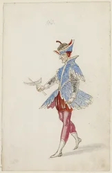 Mieshahmo sinisen ja punaisen puvussa Ballet des quatre saisons de lAnneesta, 1626 (ruskea muste, wc ja metallimaali mustan liidun alapiirroksen päällä paperille)