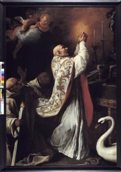 Saint Hugues viettää pyhää messuuhria (öljy kankaalle)