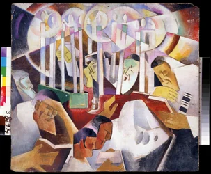 Kynttilät ja siluetit - Vladimir Davidovich Baranov Rossinen (Baranov-Rossine) maalaus (Wladimir Daniel Baranoff Rossine (Baranoff-Rossine) (1888-1944) - Öljy kankaalle, 68 x 76 cm - Venäläinen taide, avantgarde - State Open Air Mu