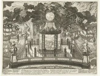 Ilotulitus Hofvijverilla Vigon voiton kunniaksi 1702 Her Hoog Moogde Heeren Statenin kenraali der Vereenigde Neederlandenin kuvaukset tuliteoista, jotka on määrätty käyttämään Heerlicken menestystä muissa aseissa kuin