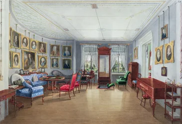 Olohuoneen kuvagalleria sisustus, n.1835 (wc guassipaperilla)
