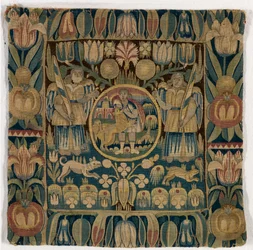 Samson Slaying the Lion -kuvioinen tyynynpäällinen, valmistettu Schleswig-Holsteinissa, Tanskassa, n. 1615 (villa)