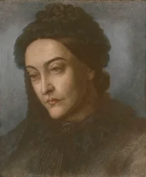 Christina Rossettin muotokuva, pää ja hartiat, käännetty kolme neljäsosaa vasemmalle, 1877