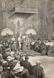 Konsistoria 13. marraskuuta, paavi Leo XIII, jossa hän loi uudet kardinaalit, Vatikaani, kaiverrus Dante Paoloccin piirroksesta, L