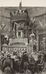 Italialaiset poliitikot ja upseerit osallistuvat Italian kuninkaan Viktor Emmanuel II:n (1820-1878) hautajaisiin, Rooma, Italia, kaiverrus Dante Paoloccin piirroksesta, L