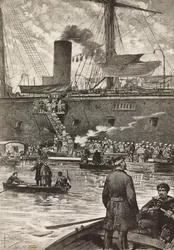 Italialaiset sotilaat nousemassa taistelulaivaan Principe Amedeo, italialainen retkikunta Punaisellamerellä, Napoli, Italia, kaiverrus Dante Paoloccin piirroksesta, L