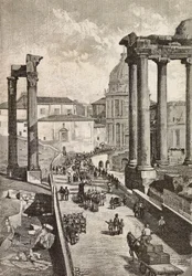 Kulku Forumin läpi, Rooma, Italia, kaiverrus Dante Paoloccin piirroksesta, L