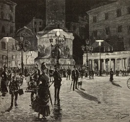 Piazza Colonna valaistu sähkövalolla, Rooma, Italia, piirustus Dante Paolocci, kaiverrus L
