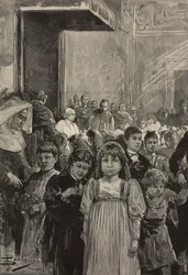 Lasten vastaanotto paavi Leo XIII:n juhlallisuuksissa, Vatikaanissa, kaiverrus Dante Paoloccin piirustuksen mukaan, L