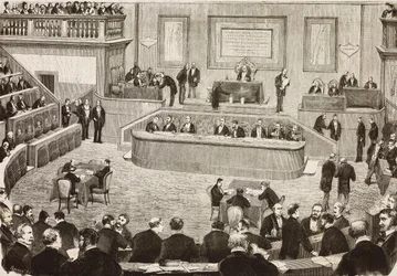 Italian senaatin istunto 26. heinäkuuta, Rooma, Italia, kaiverrus Dante Paoloccin piirroksesta, L