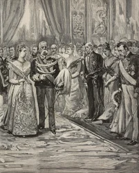 Umberto I ja Margherita Savoialainen hopeahäidensä konsertissa, Palazzo del Quirinale, Rooma, Italia, kaiverrus Dante Paoloccin piirtämänä, L