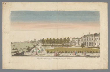 Näkymä Somerset Housesta Thames-joen rannalta Lontoon taustalla Le Palais Royal de Somerset / Vue du Palais Royal Somerset du côté de la Thamise (otsikko esineessä)