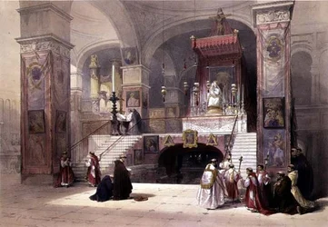 Chapel of the Annunciation, Nasaret, 28. huhtikuuta 1839, levy 32 The Holy Landin I osasta, kaiverrettu Louis Haghe (1806-85) pub. 1842 (litho)