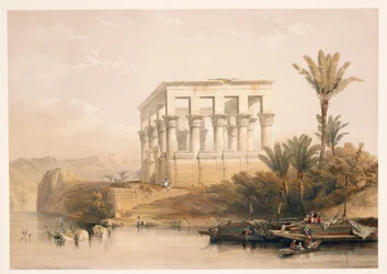 Egypti, Philaen temppeli, joka tunnetaan nimellä "faaraon sänky", kaiverrus perustuu David Robertsin piirustukseen "Egypti ja Nubia"