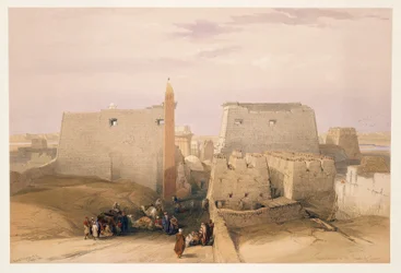 Egypti, sisäänkäynti Luxorin temppeliin, kaiverrus David Robertsin piirustuksen perusteella