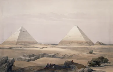 Gizan pyramidit, kaiverrus David Robertsin (1796-1864) piirroksesta Egyptistä ja Nubiasta