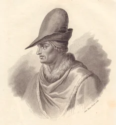 Italialaisen sotapäällikön Uguccione della Faggiolan (1250-1319) muotokuva, Caterina Piotti-Pirolan kuparikaiverrus