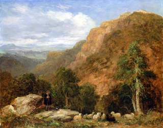 Näkymä ylhäältä Bettws-y-Coedista, Moel Siabodista ja Snowdonin vuoristosta kaukana, 1853
