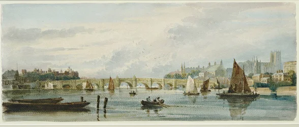 Näkymä Westminster Bridgeltä länteen kohti Lambeth Palacea ja Westminster Abbeyta