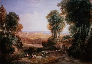 Severn- ja Wye-joen risteys Chepstowin linnan kanssa kaukana (akvarelli paperille)