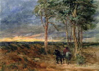Matkailijat lähestyvät viittaa nummella, 1851