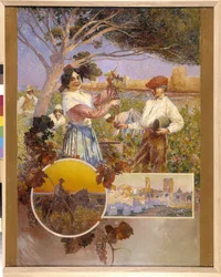 Aigues Mortes (Aigues-Mortes), Arles, Camargue: nuori nainen näyttää kaunista rypäleterttua, jonka hän on juuri poiminut viinitarhasta. David Dellepiane (1866-1932), pointillismi. Pakollinen maininta: Collection fondation regards de Provence, Marseille (cm