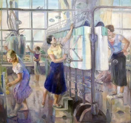 Le plan quinquennal - Naisten työpaja Sevkabelin tehtaalla par Zagoskin, David Efimovich (1890-1942). Öljy kankaalle, koko: 200x215
