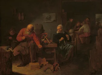 Suutarin pajan sisätilat, noin 1650 (öljy paneelille).