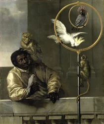 Musta mies papukaijojen ja apinoiden kanssa, 1670
