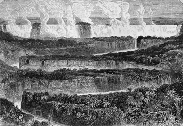 Näkymä Zambezin suuresta kaihista, joka tunnetaan nimellä Mosi-oa-Tuny tai Victoria Falls, Sambia, kaiverrus artikkelista Narrative of Expedition to Zambezi ja sen sivujoet, David Livingstone (1813-1873) ja Charles Livingstone (1821-1873), Lontoo