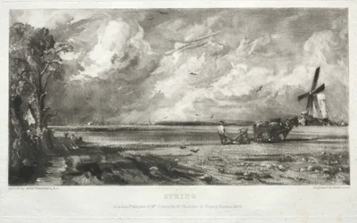 Erilaisia maisema-aiheita, tyypillisiä englantilaisille maisemille John Constablen, R.A.:n maalaamista kuvista: Kevät. Mylly yhteisellä paikalla. Raekuuroja. East Bergholt, Suffolk