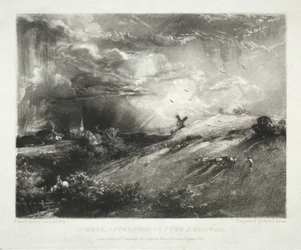 Erilaisia maisema-aiheita, tyypillisiä englantilaisille maisemille John Constablen, R.A.:n maalaamista kuvista: Kesäiltapäivä - suihkun jälkeen