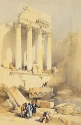Baalbec, taulu 79 Louis Haghen (1806-85) julkaiseman teoksen "The Holy Land" niteestä II, kaiverrettu. 1843