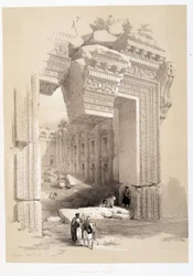 Baalbekin portti Libanonissa, piirustus tehty 7.5.1839 "Pyhässä maassa" Lontoossa 1849