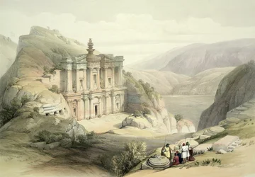 El Deir, Petra, 8. maaliskuuta 1839, taulu 90 teoksen "The Holy Land" osasta III, kaivertanut Louis Haghe (1806-85), julkaistu 1849
