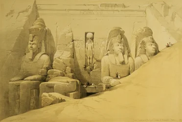 Abu Simbelin suuren temppelin etujulkisivu, Nubia, taulu 44 teoksen "Egypti ja Nubia" II osasta, kaivertanut Louis Haghe (1806-85), julkaistu 1849