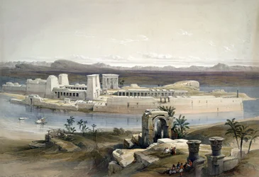 Yleiskuva Philaen saaresta, Nubia" marraskuu 1838. Skotlantilaisen taiteilijan ja orientalistin David Robertsin (1796-1864) akvarellin mukaan. Temppeli Muinainen Egypti Arkeologia Uskonto Mytologia Mytologia Raunio